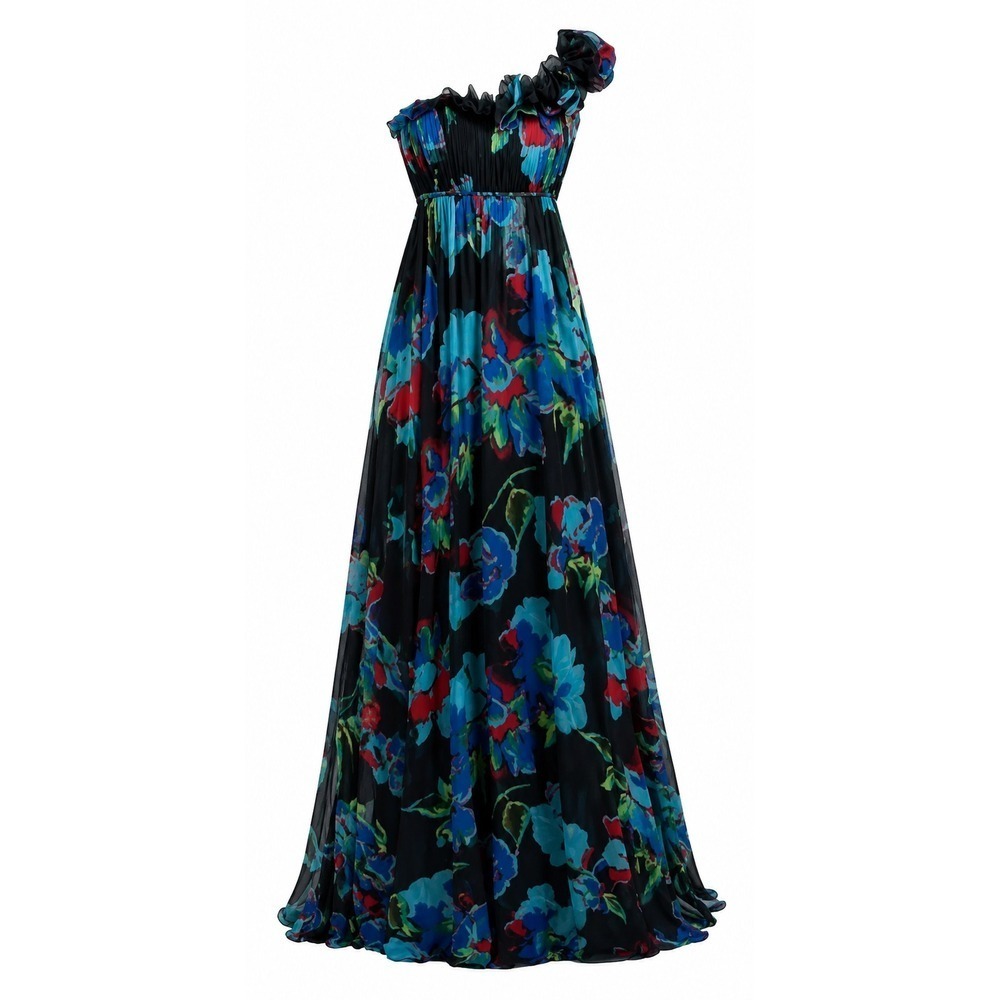 Aqua One-Shoulder Black Maxi Dress with Blue & Red Floral Print